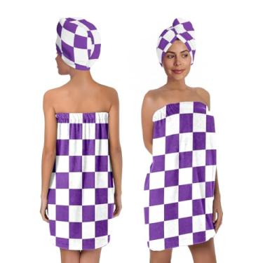 Imagem de BaBakiak Conjunto de envoltório de banho xadrez branco roxo com turbante de cabelo, envoltório de toalha de spa padrão roxo e branco, roupão de toalha para mulheres