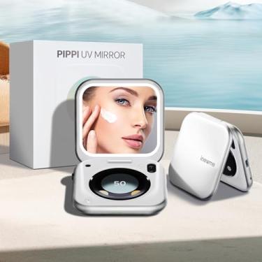 Imagem de inewme Espelho de proteção solar UV com luz LED de 3 cores, sensor de umidade e UV em tempo real, espelho de maquiagem dobrável para viagem, ferramenta compacta portátil de cuidados com a pele com