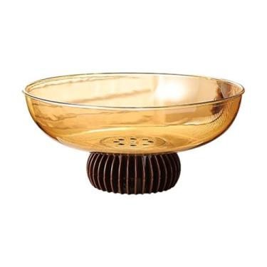 Imagem de Fruteira Fruteira com base de drenagem, grande capacidade, design âmbar transparente, suporte removível e escorredor. Decoração de mesa