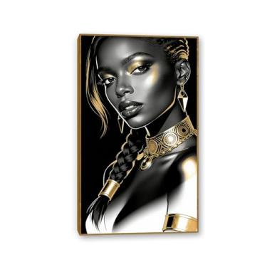 Imagem de SDYJ6GSW Arte de parede feminina negra afro-americana pintura abstrata mulher dourada impressões em tela sala de estar quarto banheiro decoração de casa pronto para pendurar 40 x 70 cm (16 x 28 pol