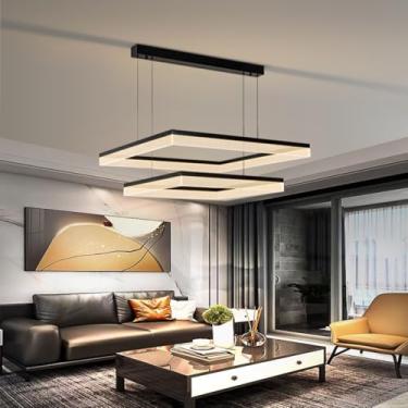 Imagem de Lustre retangular LED dimerizável, grande, para sala de estar, com altura ajustável, luminária decorativa de alumínio, ideal para ilha de cozinha, restaurante, hotel e café (60cm + 40cm)
