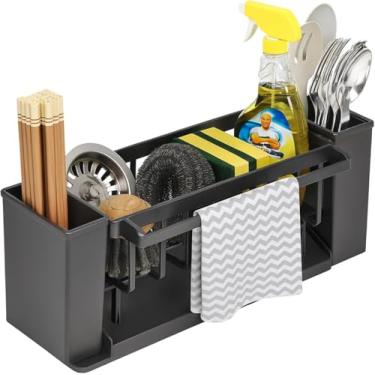 Imagem de Organizador de Pia Aço Inox Antiferrugem - Suporte com Compartimentos Laterais para Esponja, Sabão e Pano de Prato - Porta Utensílios Cozinha Durável e Resistente