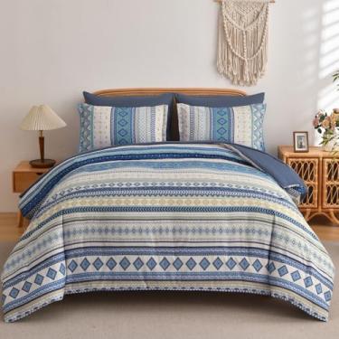 Imagem de Mybedsoul Conjunto de edredom estilo asteca azul, 7 peças, cama boho, tamanho queen, em uma bolsa, conjunto de cama para todas as estações com lençóis e fronhas, estampa geométrica listrada