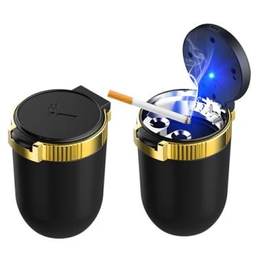Imagem de Ohleats 2 peças cinzeiro de carro com tampa, bandeja de cinzeiro removível de aço inoxidável com luz azul LED, mini suporte de copo de veículo portátil lata de lixo à prova de cheiro, acessórios