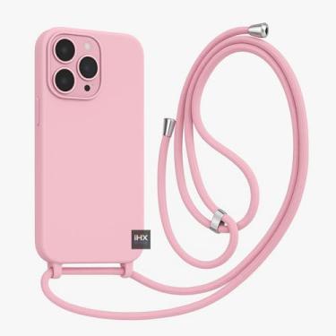 Imagem de Capa Case Capinha Para iPhone 15 PRO MAX Silicone Com Cordão Alça De Pescoço Ajustável Veludo Premium (ROSA IOGURTE)