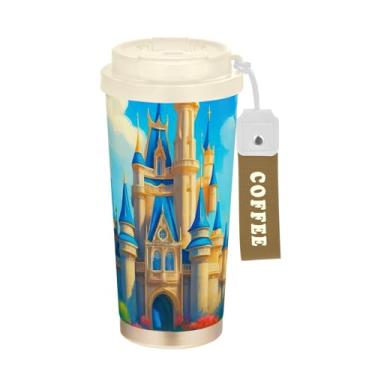 Imagem de TSENQUE Caneca de café de viagem 16+ Oz, copo de café com revestimento cerâmico com tampa e palha, copo isolado a vácuo de aço inoxidável, castelo de conto de fadas, torres azuis