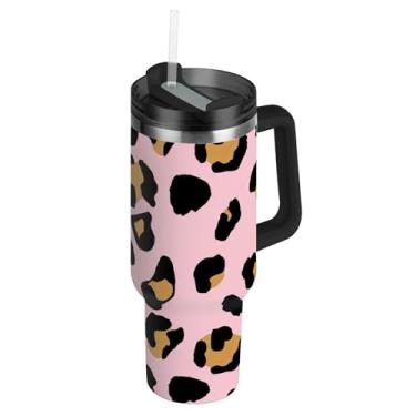 Imagem de Joisal Copos com tampas e manchas de leopardo de palha preto caramelo rosa macio 1,134 g copo com alça garrafa de água com isolamento térmico copo de café de carro de aço inoxidável