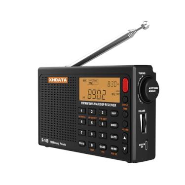 Imagem de XHDATA Rádio portátil R108 AM/FM/SW/LW/receptor de ondas curtas rádio operado por bateria com boa recepção, ótimo alto-falante estéreo despertador antena externa (preto)