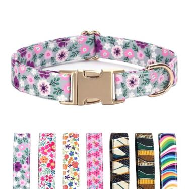 Imagem de TANXIC Coleira floral para cães com fivela de metal de liberação rápida, coleira de algodão macio e durável ajustável para cães pequenos, médios e grandes, meninos e meninas (roxo floral, médio)