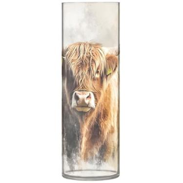 Imagem de Vaso de flores alto com pintura de vaca Highland Vaso de flores decorativo de plástico cilíndrico decoração de quarto estética, 30 cm x 9,9 cm
