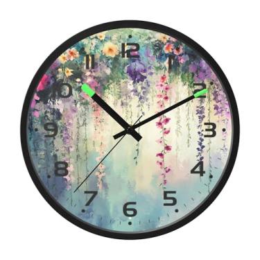 Imagem de SEHANY Relógio de parede vintage com flores de videira silencioso, sem tique-taque, relógio redondo operado por bateria, controle de som, luz noturna, relógios de parede para sala de estar, cozinha