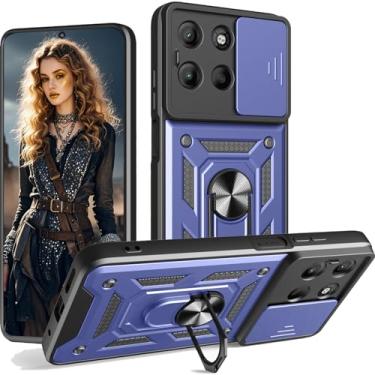 Imagem de Ephoou Capa protetora para Motorola Moto G15, proteção à prova de choque de grau militar com capa deslizante para câmera e suporte magnético giratório de 360° para Motorola Moto G15 SJ azul
