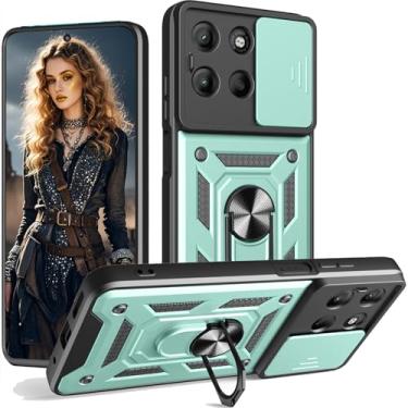 Imagem de Ephoou Capa protetora para Motorola Moto G15, proteção à prova de choque de grau militar com capa deslizante para câmera e suporte magnético giratório de 360° para Motorola Moto G15 SJ verde