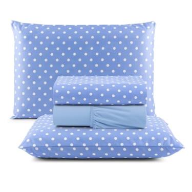 Imagem de Jogo de Cama Casal 4 Peças Micropercal 200 Fios Toque Aveludado com Elástico e Fronhas(Poá Azul,Casal)