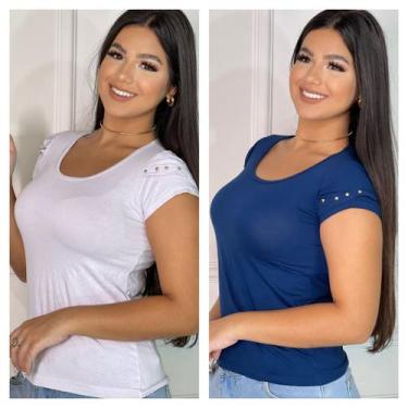Imagem de Kit 2 Blusas Femininas detalhe na manga - GK TODA BELA, Branco, Marinh