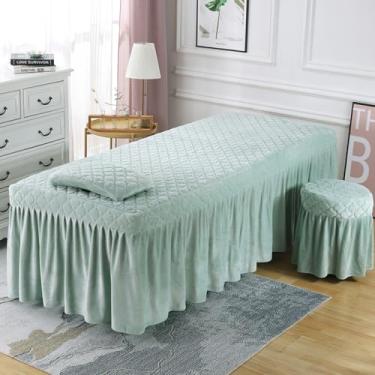 Imagem de Conjunto de lençóis de mesa de massagem, 3 peças, microfibra, veludo, beleza, beleza, fisioterapia, salão de beleza, saia e roupa de cama, roupa de cama de spa com elástico, verde claro||60 x 180 cm