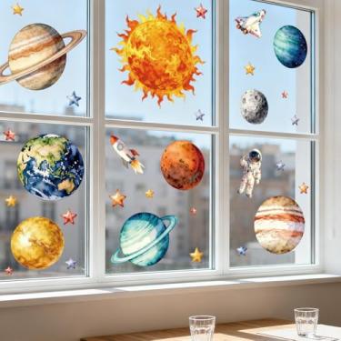 Imagem de ANATTASOUL Adesivo de janela estática fixa planetas e astronautas 1 folha reutilizável para vidro, adesivo de janela dupla face removível de 120 cm x 30 cm para decoração de quarto, escritório, casa