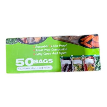 Imagem de Sacos ziplock reutilizáveis, 50 unidades, à prova de vazamento, armazenamento de preparação de refeições, com adesivos, caneta, suporte de bolsa