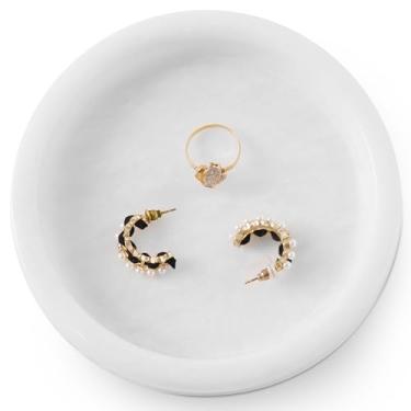 Imagem de SPESHSTONES Bandeja de joias de mármore feita à mão com suporte de pedra branca de 12,7 cm para anel, colar, brinco e organizador de perfume – Prato decorativo para decoração vintage