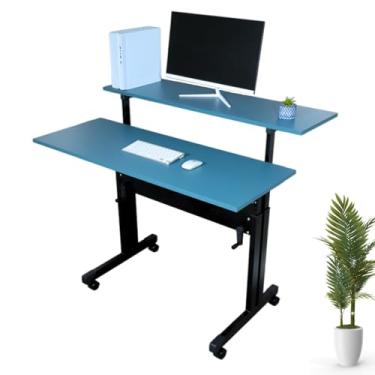 Imagem de Mesa Dupla Com Altura Regulável 70cm À 107cm Tampos Azul Escrivaninha Para Trabalho Home Office Escritório Corporativo Computador Gamer - Wp Connect (Preto)