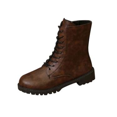 Imagem de Botas de cano curto PU com bico redondo e salto médio para mulheres, casual, lazer, Marrom, 36