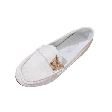 Imagem de Sapato feminino casual versátil bico redondo salto baixo confortável com enfeites plus size primavera verão moderno mocassins de sola macia PU, Branco, 34