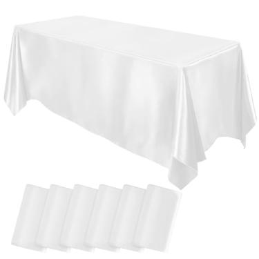 Imagem de MCEAST Pacote com 6 toalhas de mesa de cetim 260 x 137 cm, retangular, sobreposição, toalha de mesa de seda brilhante, decoração de mesa de tecido liso para decoração de banquete de casamento (branca)