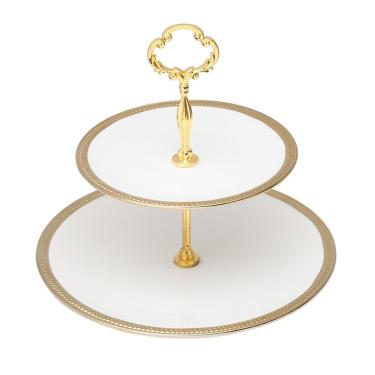 Imagem de Porta Doces De Porcelana 2 Andares Paddy Branco E Dourado 19/27 X 24 Cm Wolff