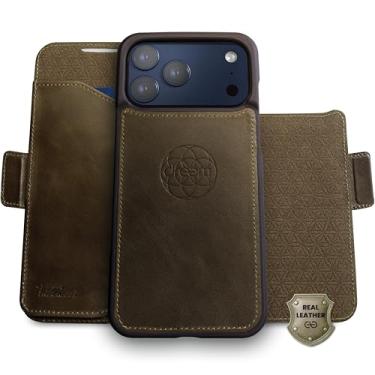Imagem de Dreem Real Leather for iPhone 17 Pro Case Wallet, Revolutionary Phone Stand, MagSafe-Fit, Magnetic Detachable Flip Cover, RFID Blocking Card Holder, Gift-Box [Fibonacci:Olive]