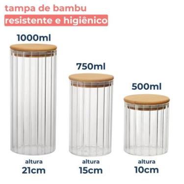 Imagem de Kit 3 Porta Mantimento Canelado em Vidro Borossilicato Tampa Bambu 1L 