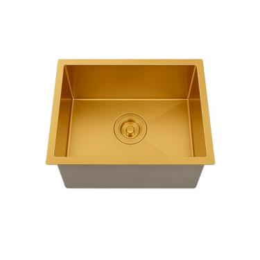 Imagem de Cuba Gourmet de Cozinha 44x44cm Quadrada Pia de Embutir ou Sobrepor Acompanha Acessórios Premium Aço Inox 304 Escovada Dourada Brinovar