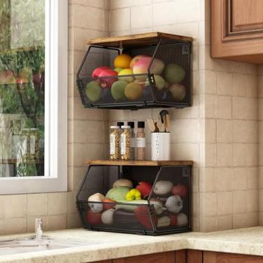 Imagem de 2 Peças Fruteira de Mesa e Parede, Cesta de Frutas com Tábuas, Organizador para Frutas, Verduras e Frascos de Especiarias, Ideal para Cozinha