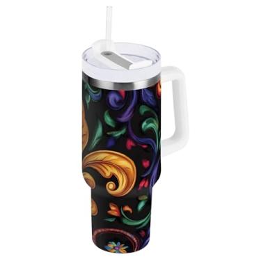 Imagem de Blueangle Copo isolado de máscara de carnaval de 850 g com alça e tampa de palha, caneca de viagem reutilizável de aço inoxidável (387)