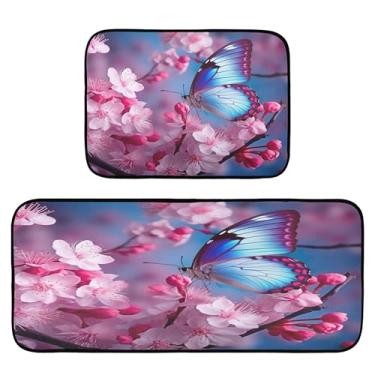 Imagem de xigua Conjunto de 2 peças de tapetes e tapetes de cozinha com flores rosas e borboletas azuis, tapetes de cozinha macios absorventes para chão, tapete de cozinha, antiderrapante, conjunto de capachos