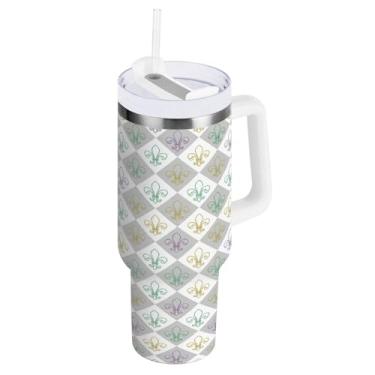 Imagem de Blueangle Copo isolado de grade diamante Mardi Gras 1,134 g com alça e tampa de palha, caneca de viagem reutilizável de aço inoxidável (632)
