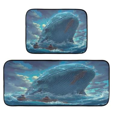 Imagem de xigua Conjunto de 2 peças de tapetes e tapetes de cozinha de baleia de desenho animado absorvente macio para chão tapete de cozinha antiderrapante conjunto de capacho de cozinha, 50 x 120 cm + 50 x 70