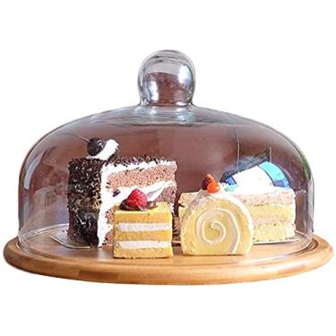 Imagem de Suporte de bolo de cúpula com tampa, caixa de bolo doméstica, disco de madeira e tampa de vidro para salada, sanduíche, suporte para bolos, bandeja de degustação, bandeja de servidor de sobremesa