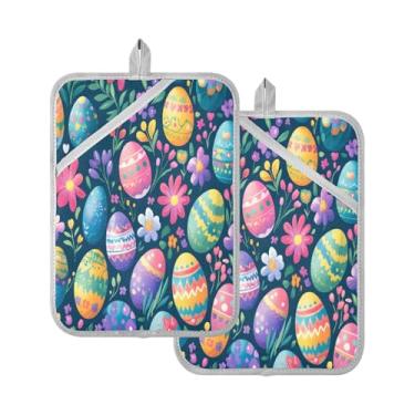 Imagem de STAYTOP Pacote com 2 lindos pegadores de panela de ovos de Páscoa, almofadas quentes de forno resistentes ao calor com bolsos, conjuntos de suportes de panela antiderrapantes para cozinha, assar e