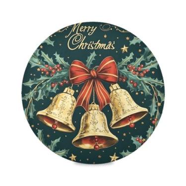 Imagem de STAYTOP Sinos dourados de Natal com laços vermelhos jogo americano redondo 1 peça, tapetes de mesa antiderrapantes fáceis de limpar para decoração de mesa de festa e churrasco em casa