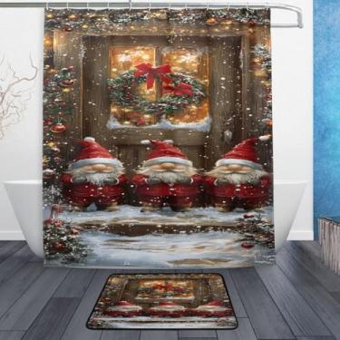 Imagem de xigua Gnomos de Natal fofos conjuntos de tapetes de cortina de banho 2 peças, conjunto de tema de banheiro (152 x 182 cm) com cortina de chuveiro e tapete antiderrapante -12 ganchos455
