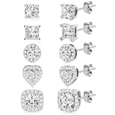 Imagem de 5 pares de brincos banhados a ouro 14K para mulheres, conjuntos de brincos hipoalergênicos, brincos de zircônia cúbica premium para mulheres, Latão, Sem pedra preciosa