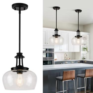 Imagem de Luzes pendentes modernas ilha de cozinha, luminárias pendentes pretas foscas com sombra de vidro transparente de 25,4 cm, luminária suspensa industrial para ilha de cozinha, sala de jantar, quarto