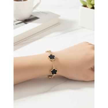 Imagem de 2 peças, pulseira feminina banhada a ouro 18K com trevo da sorte com corrente ajustável