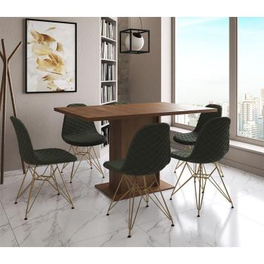 Imagem de Mesa Jantar Londres Retangular Amêndoa 137X90Cm 6 Cadeiras Estofadas Verde Base Dourado