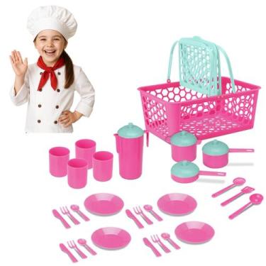 Imagem de Cesta Infantil Menina Brinquedo Panelinhas Cozinha Completo - Brinqued