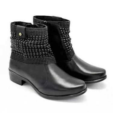 Imagem de Bota Feminina Cano Curto Couro Solado Antiderrapante Ziper Malha Preta-Feminino