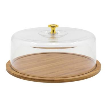 Imagem de Boleira Porta Bolo Torta Base Bambu Tampa Acrílico Pegador Dourado - -