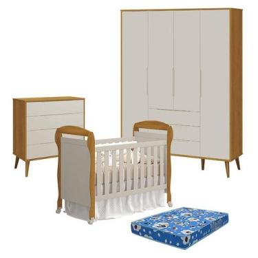 Imagem de Quarto de Bebê 4 Portas com Cômoda Gaveteiro Elfe Retrô e Berço Americ