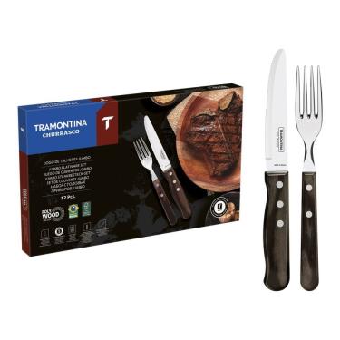 Imagem de Jogo de Talheres Jumbo para Churrasco 12 Peças Aço Inox e Madeira Polywood Castanho Tramontina