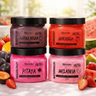 Imagem de Kit 4 Esfoliantes Corporais Rhenuks 300g Morango Pitaya Melancia e Ame